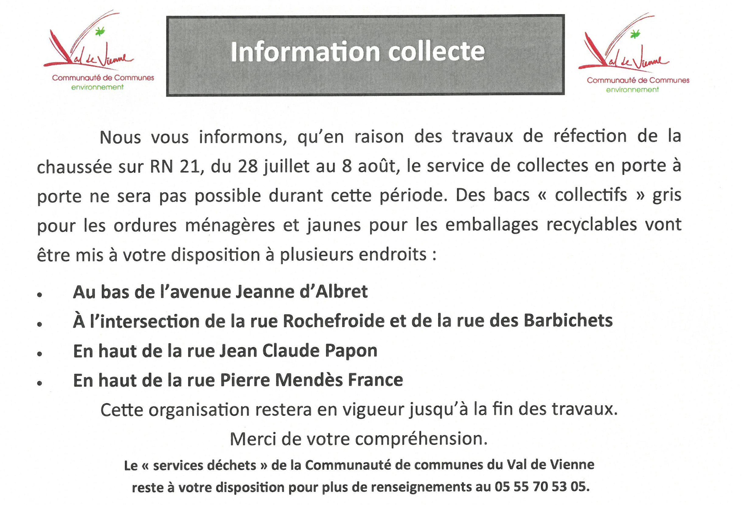 informations collecte travaux rn21